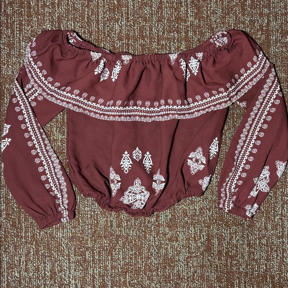 Boho crop top off the shoulder bohemian print ruffle neckline long sleeve top Xs - Picture 2 of 8